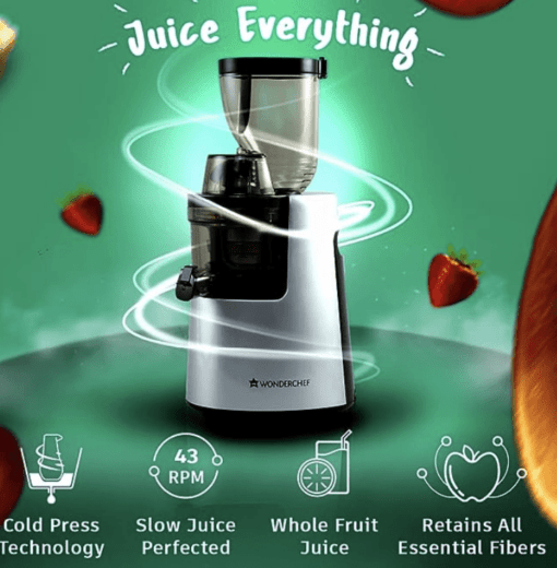 Wonderchef V6 Cold Press Juicer | 200W powerful motor | 43 RPM Slow Juicer | Full Fruit Juicer to retain enzymes | 5 Years Warranty | Black & Silver - Image 2